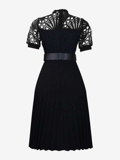 Elegant Vintage-Inspired Lace Patchwork Belted Pleated Midi Dress