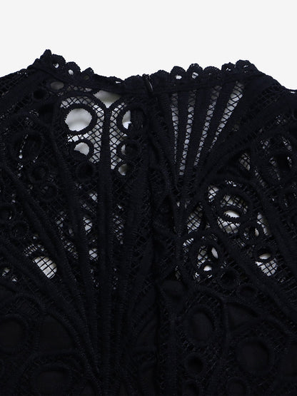 Elegant Vintage-Inspired Lace Patchwork Belted Pleated Midi Dress