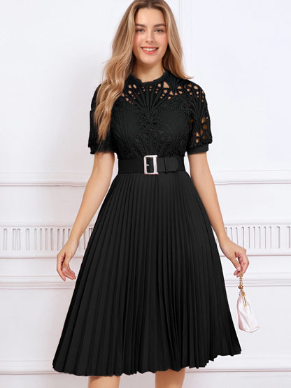 Elegant Vintage-Inspired Lace Patchwork Belted Pleated Midi Dress