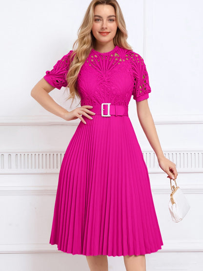 Elegant Vintage-Inspired Lace Patchwork Belted Pleated Midi Dress
