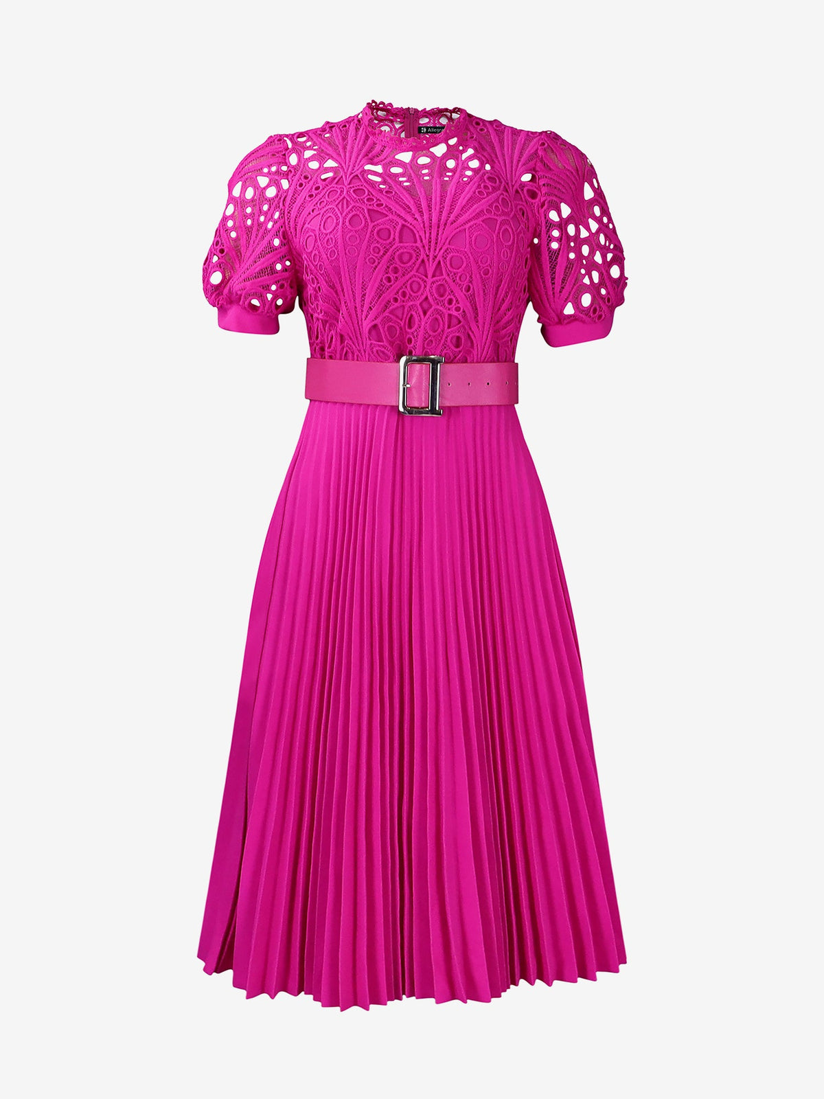 Elegant Vintage-Inspired Lace Patchwork Belted Pleated Midi Dress