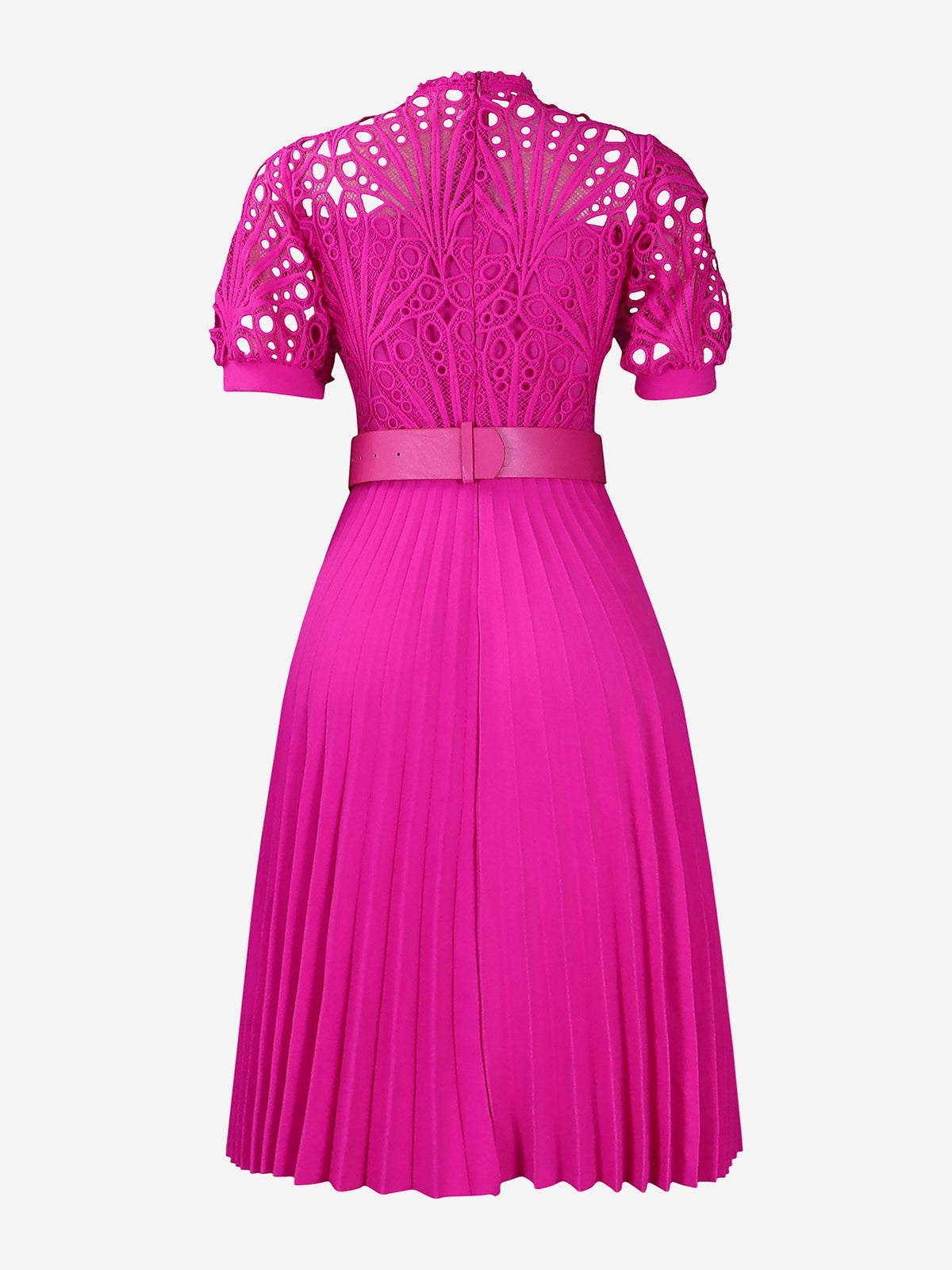 Elegant Vintage-Inspired Lace Patchwork Belted Pleated Midi Dress