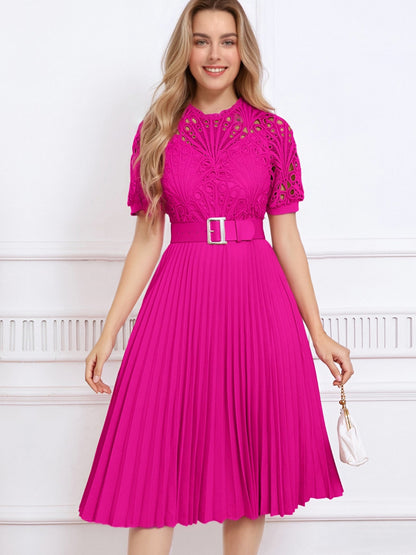 Elegant Vintage-Inspired Lace Patchwork Belted Pleated Midi Dress