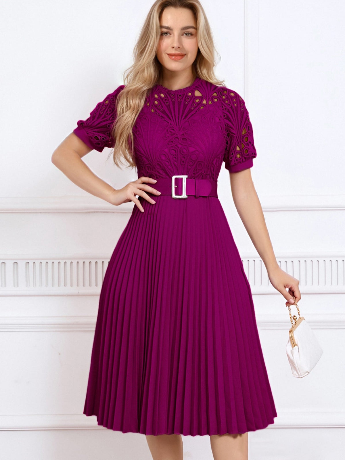 Elegant Vintage-Inspired Lace Patchwork Belted Pleated Midi Dress