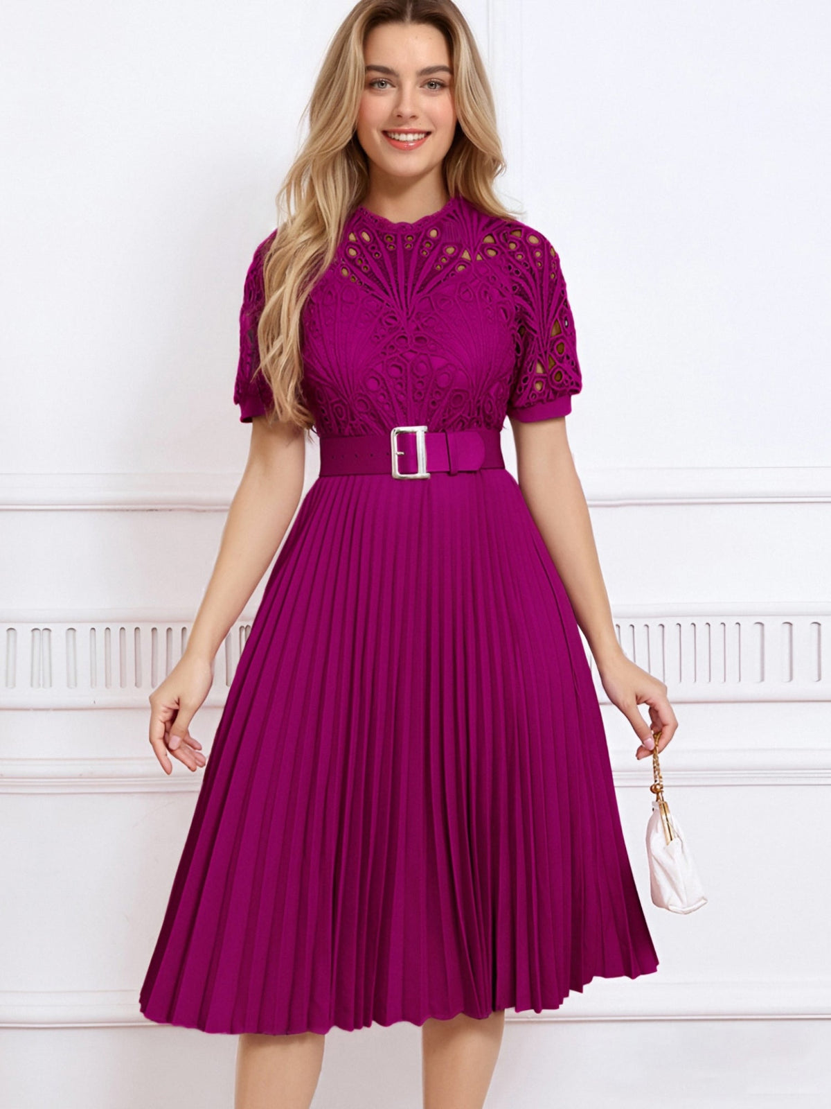 Elegant Vintage-Inspired Lace Patchwork Belted Pleated Midi Dress