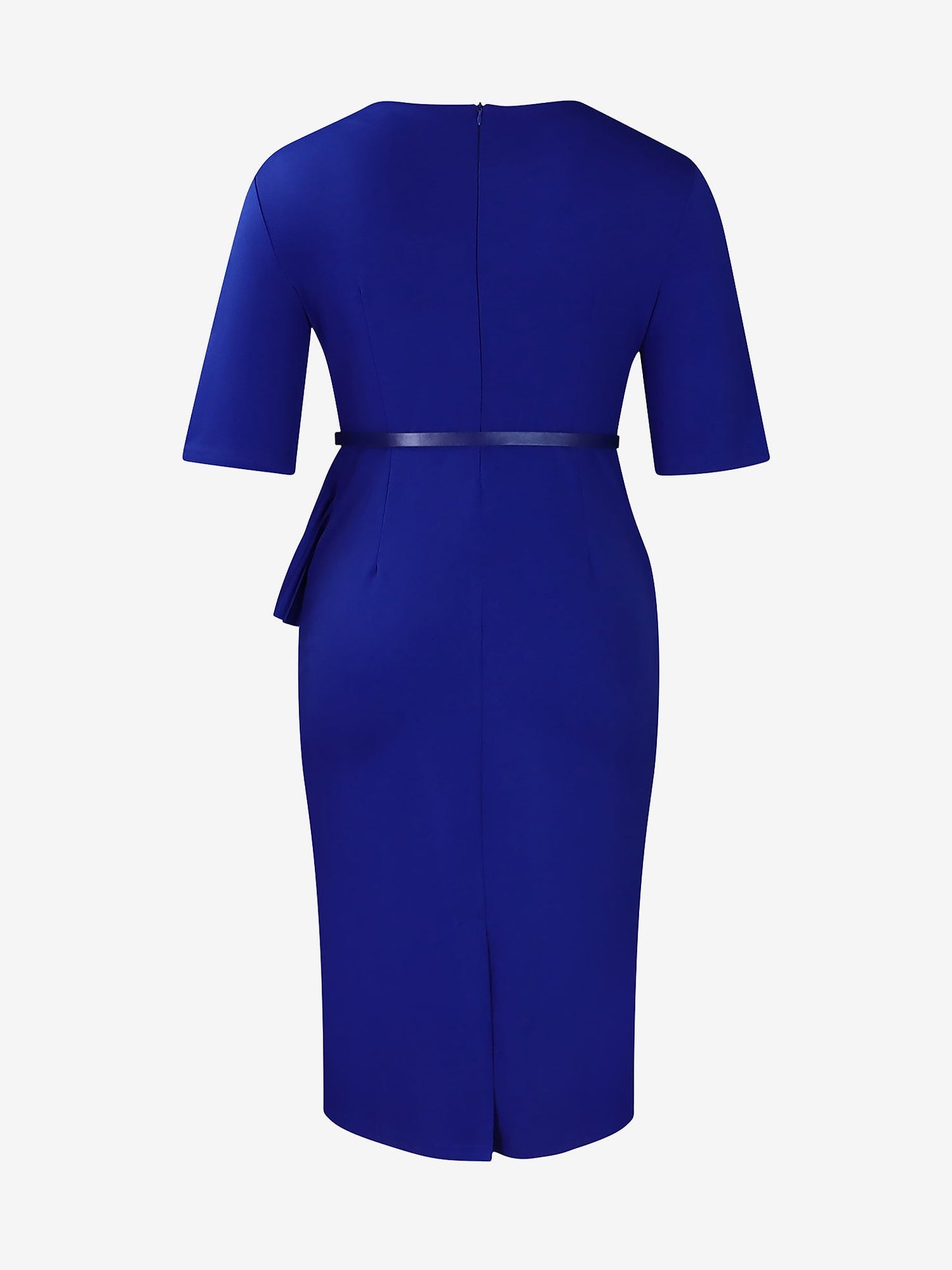 Classic Slim Fit Solid Color Short Sleeves Belted Midi Sheath Work Dress