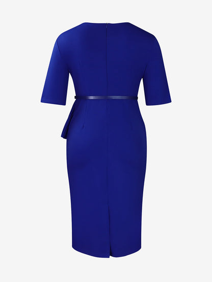 Classic Slim Fit Solid Color Short Sleeves Belted Midi Sheath Work Dress