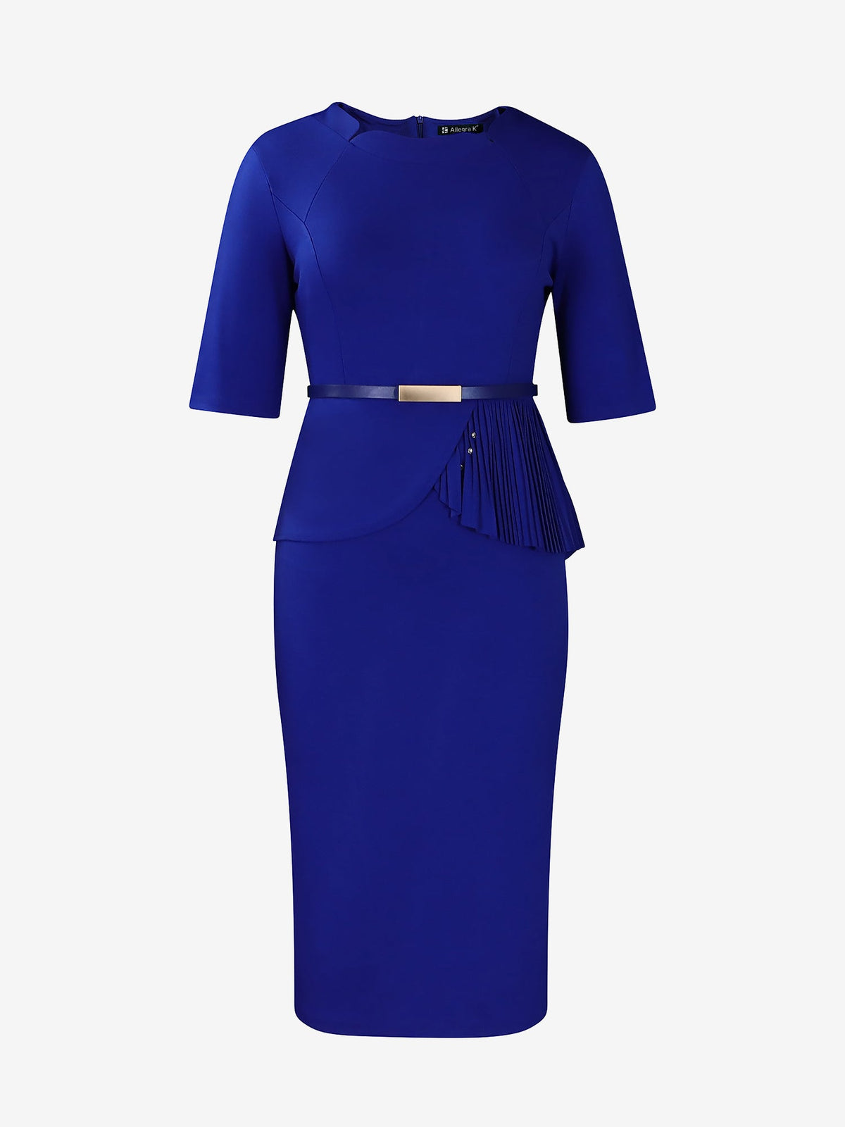 Classic Slim Fit Solid Color Short Sleeves Belted Midi Sheath Work Dress