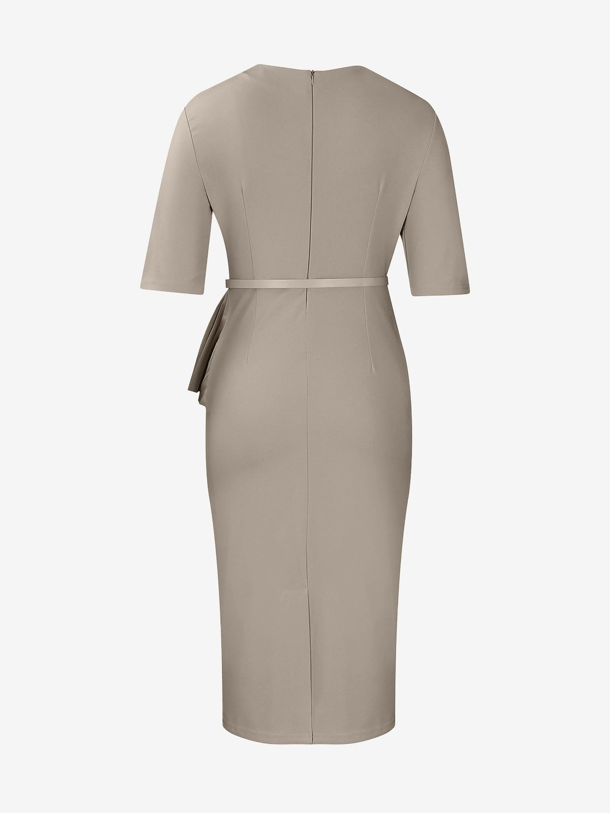 Classic Slim Fit Solid Color Short Sleeves Belted Midi Sheath Work Dress