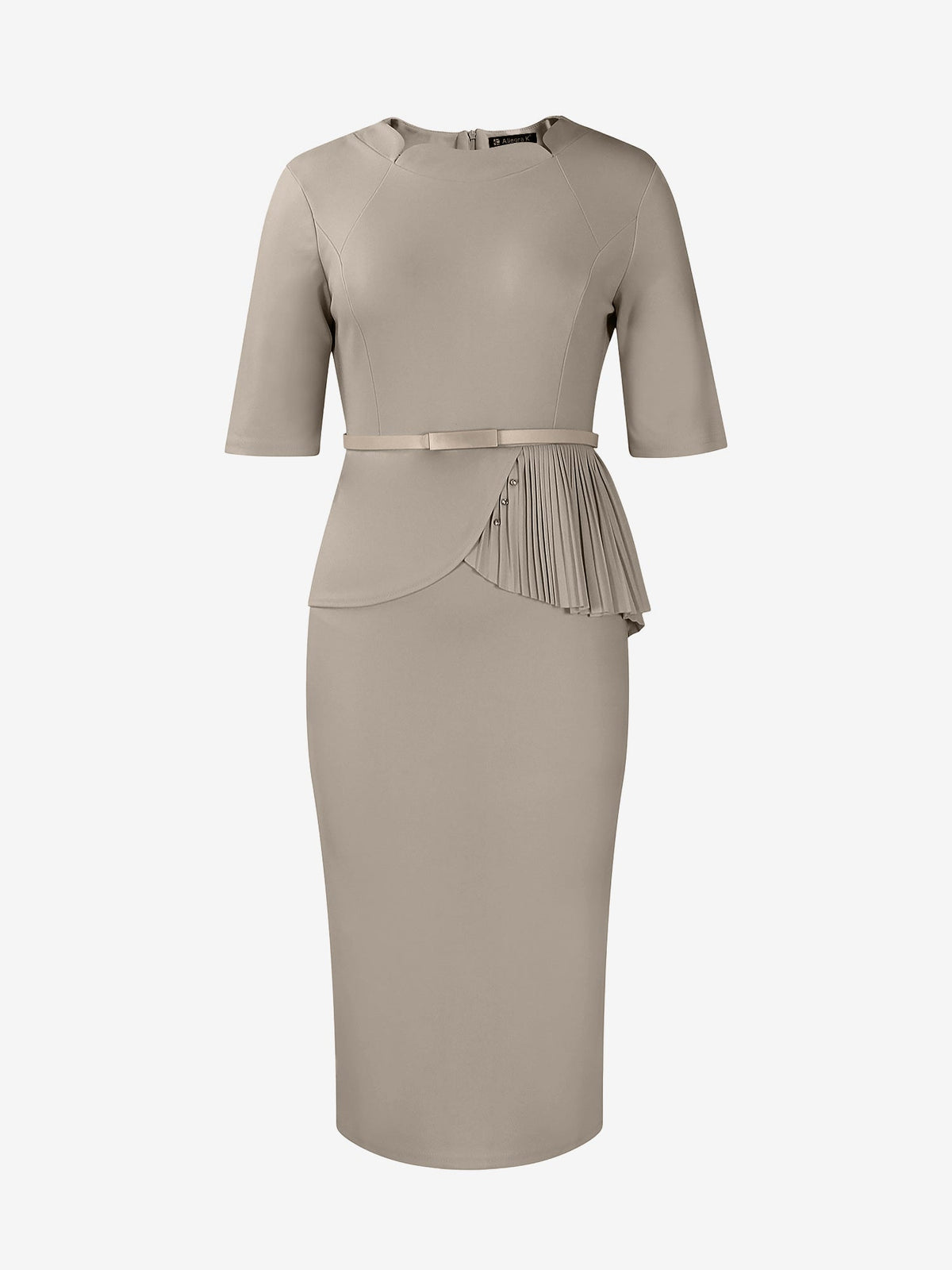 Classic Slim Fit Solid Color Short Sleeves Belted Midi Sheath Work Dress