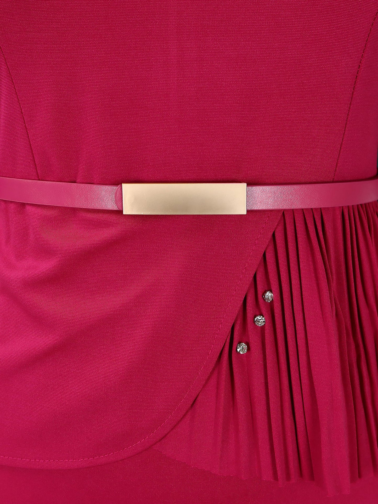 Classic Slim Fit Solid Color Short Sleeves Belted Midi Sheath Work Dress