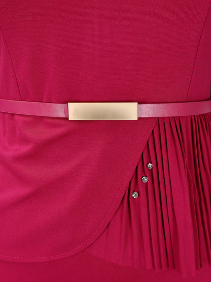 Classic Slim Fit Solid Color Short Sleeves Belted Midi Sheath Work Dress