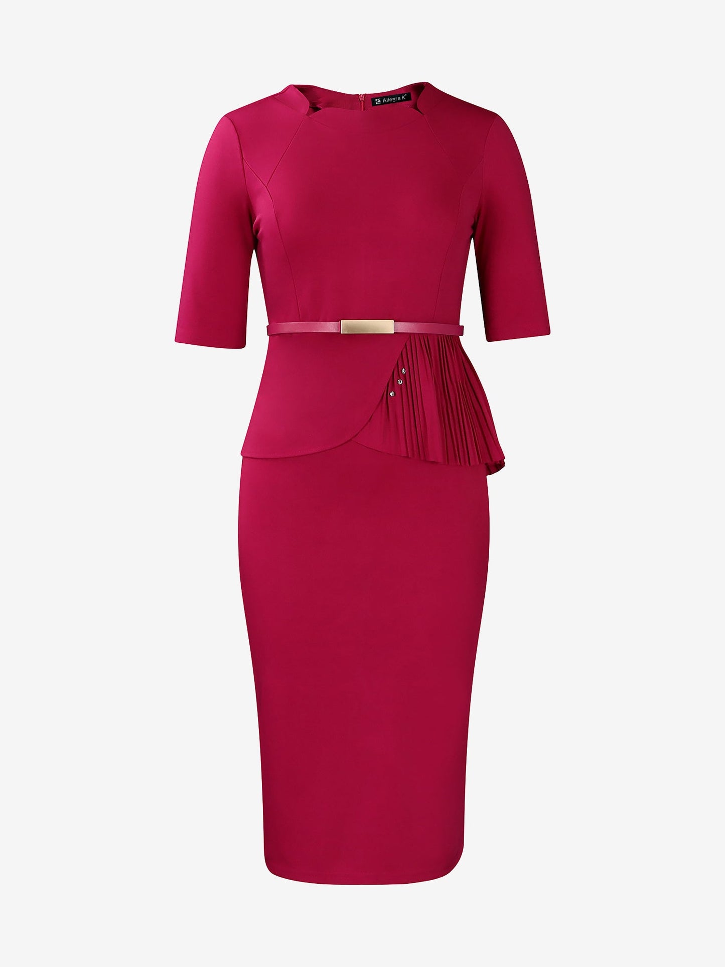 Classic Slim Fit Solid Color Short Sleeves Belted Midi Sheath Work Dress
