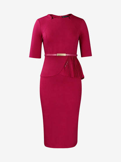 Classic Slim Fit Solid Color Short Sleeves Belted Midi Sheath Work Dress