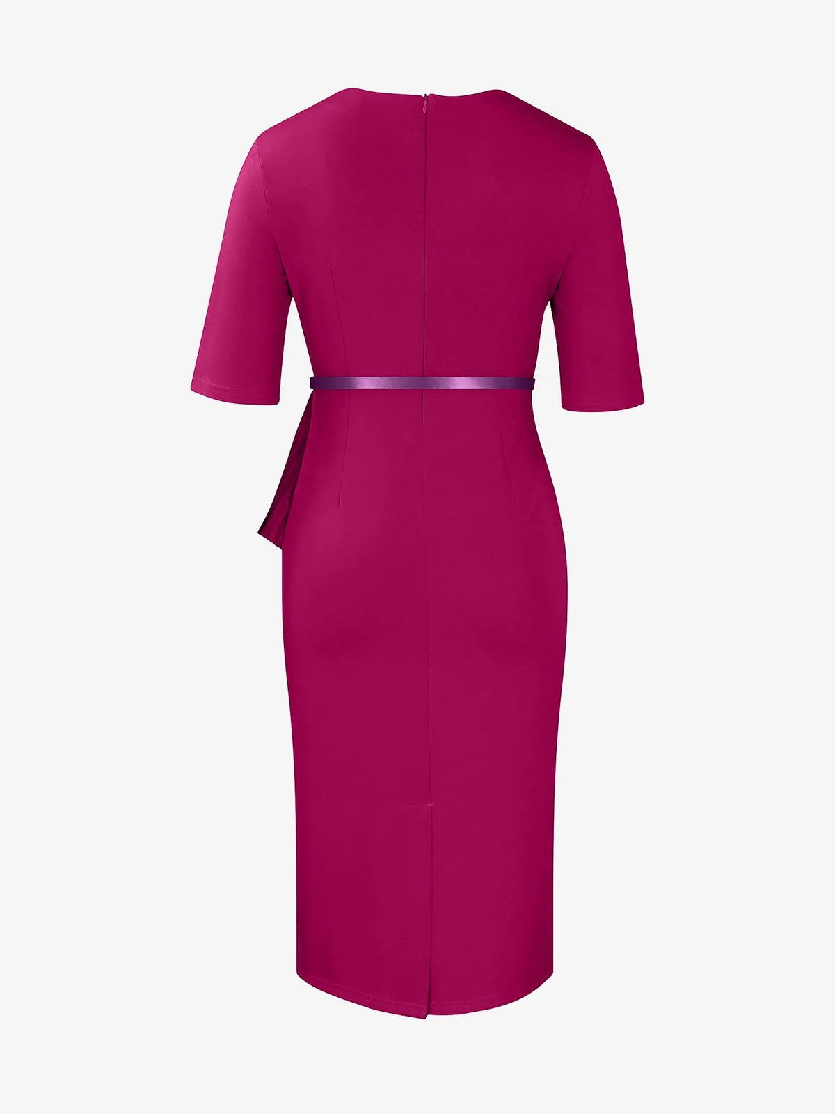 Classic Slim Fit Solid Color Short Sleeves Belted Midi Sheath Work Dress