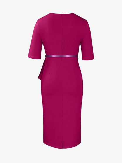 Classic Slim Fit Solid Color Short Sleeves Belted Midi Sheath Work Dress