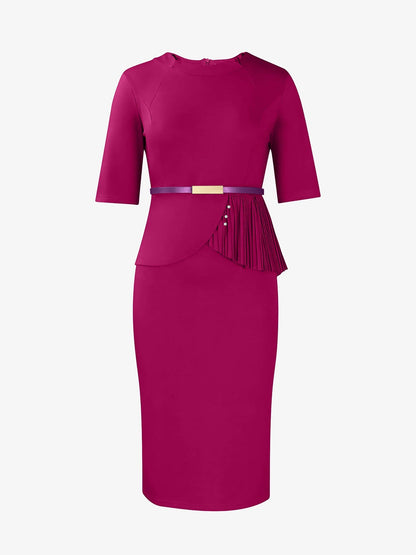 Classic Slim Fit Solid Color Short Sleeves Belted Midi Sheath Work Dress