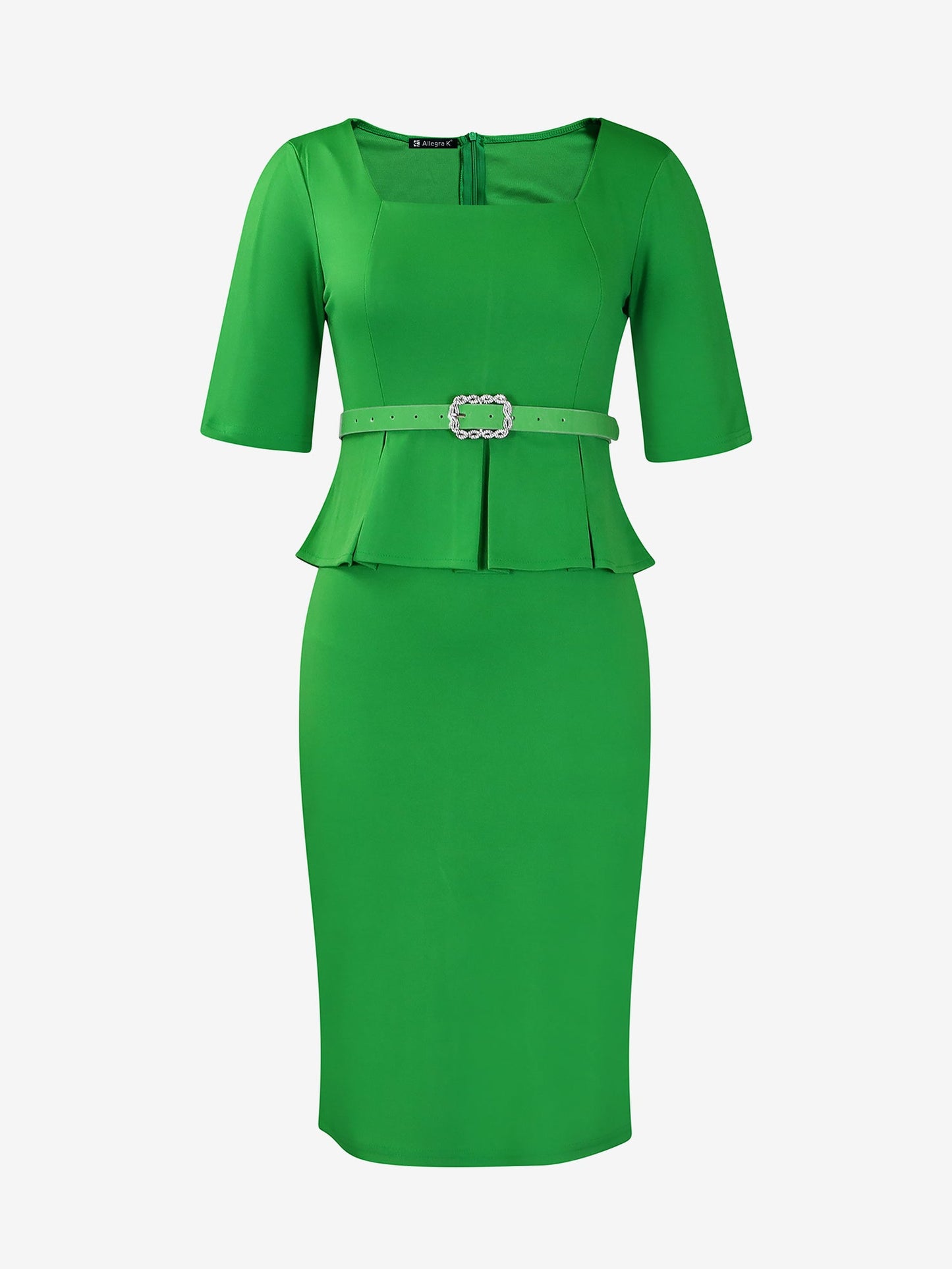 Short Sleeve Peplum Belted Midi Sheath Dress