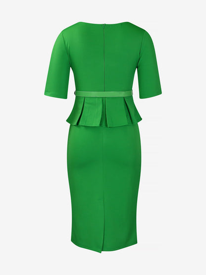 Short Sleeve Peplum Belted Midi Sheath Dress