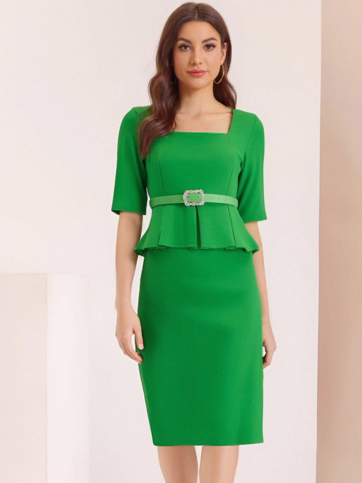 Short Sleeve Peplum Belted Midi Sheath Dress