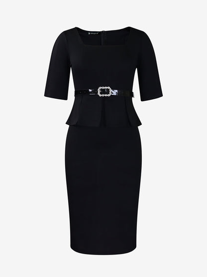 Short Sleeve Peplum Belted Midi Sheath Dress