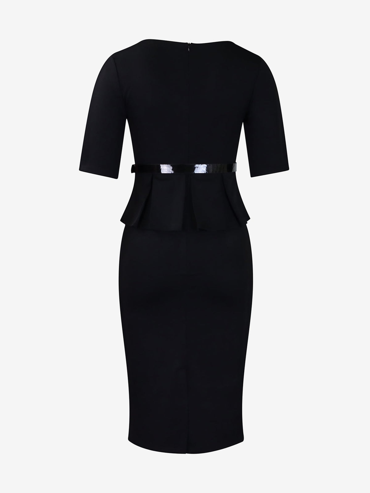 Short Sleeve Peplum Belted Midi Sheath Dress