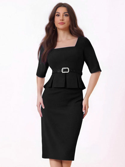 Short Sleeve Peplum Belted Midi Sheath Dress