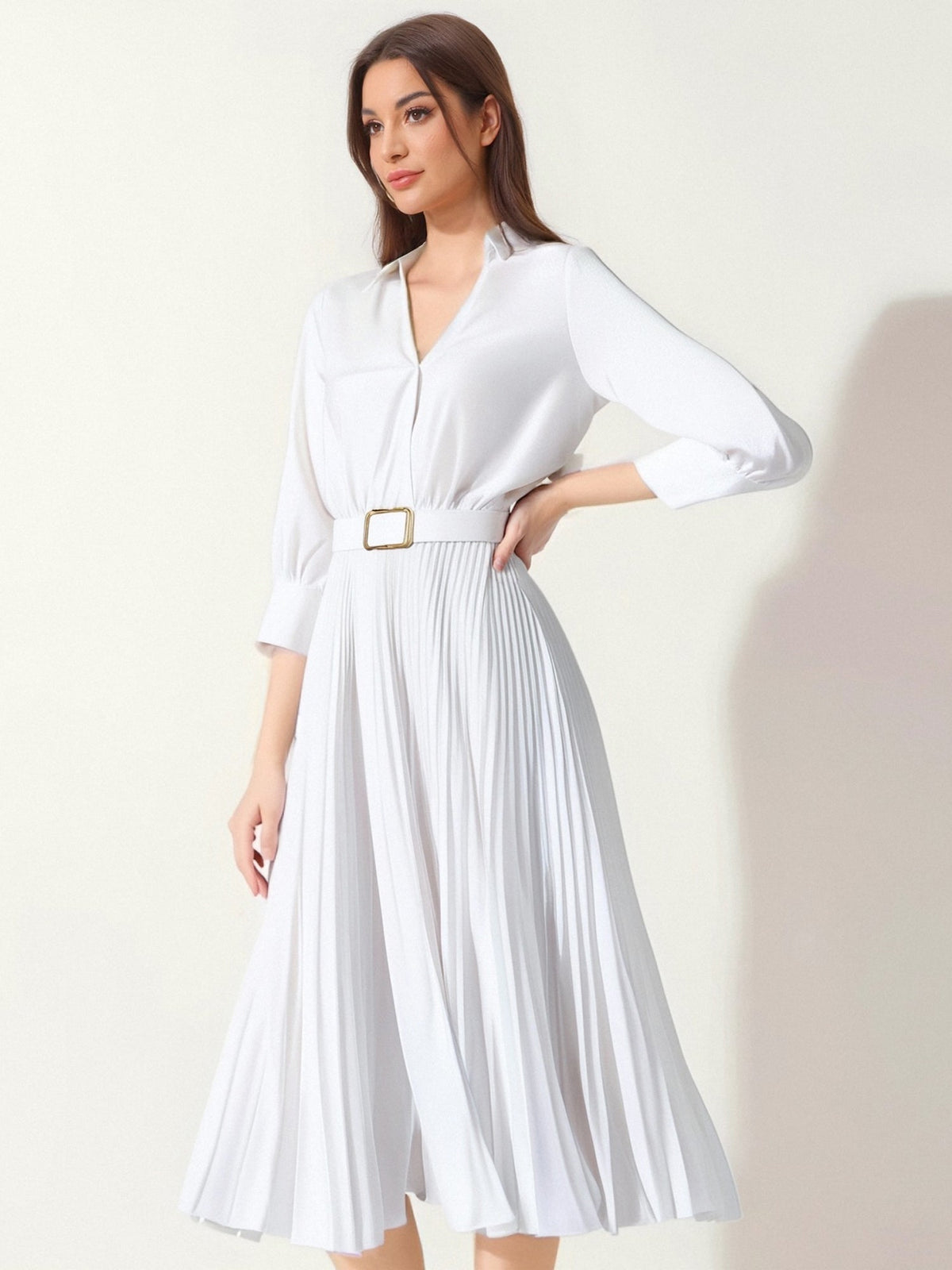 Elegant Solid Color Shirt Tailored Collar Pleated Belted Midi Dress