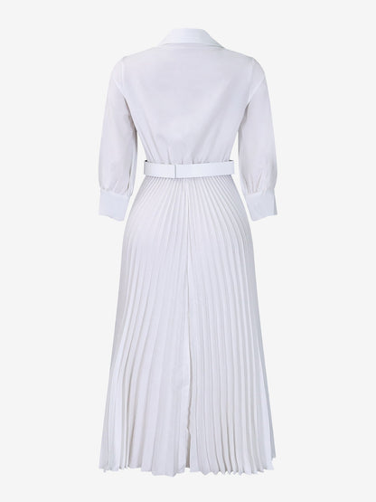 Elegant Solid Color Shirt Tailored Collar Pleated Belted Midi Dress