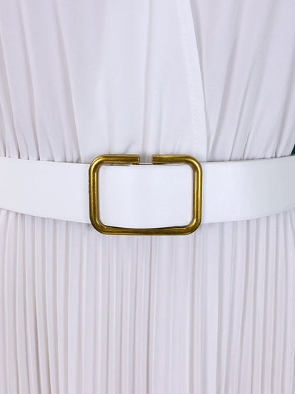 Elegant Solid Color Shirt Tailored Collar Pleated Belted Midi Dress