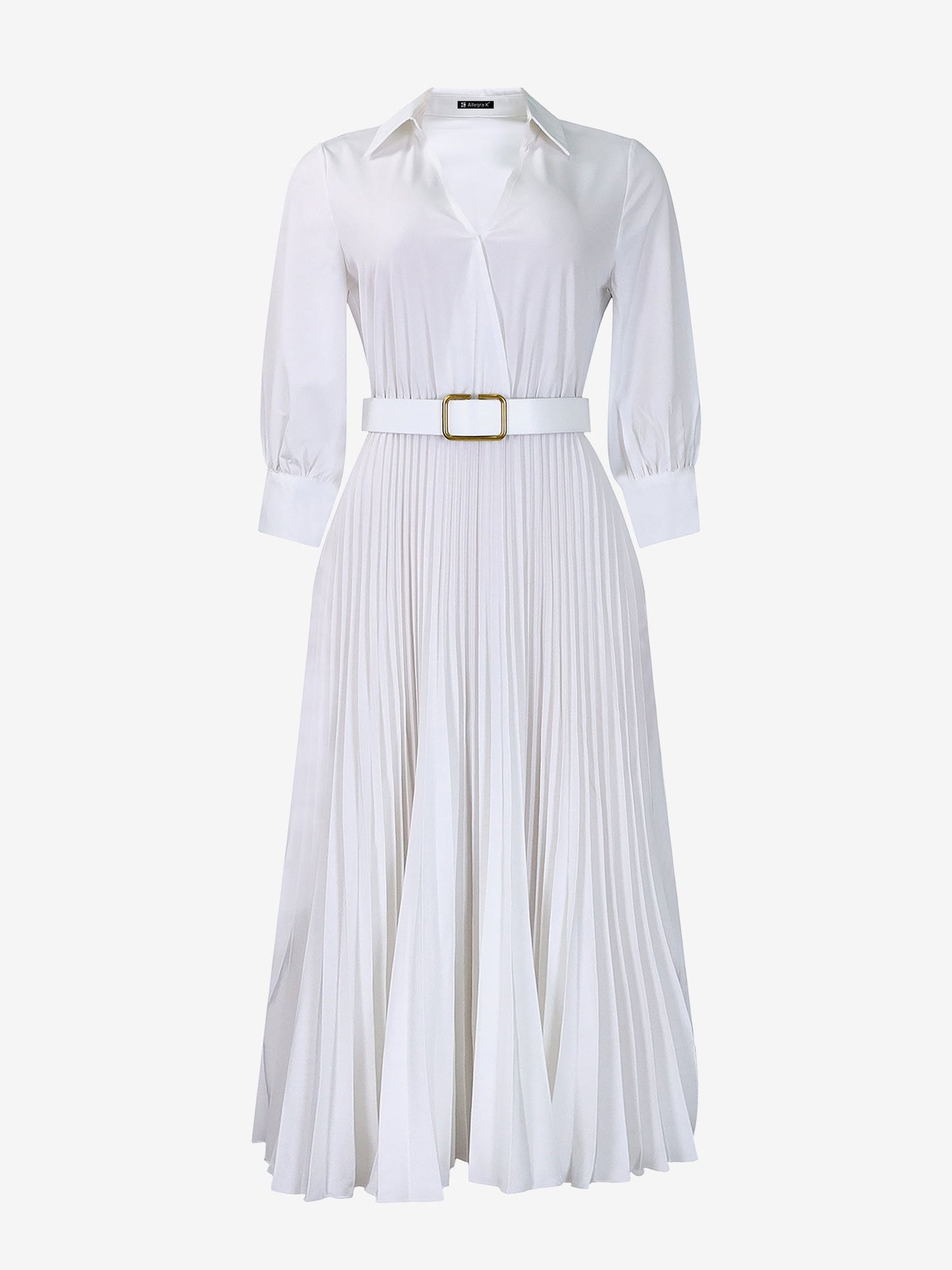 Elegant Solid Color Shirt Tailored Collar Pleated Belted Midi Dress