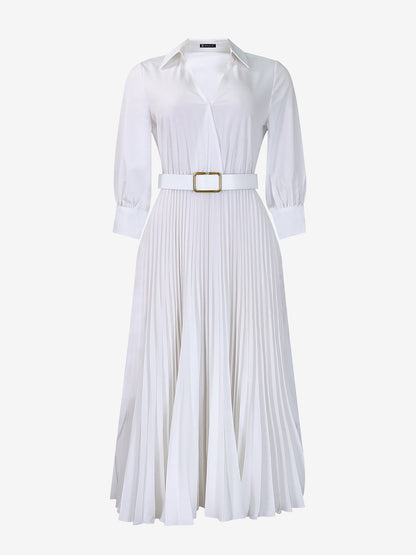 Elegant Solid Color Shirt Tailored Collar Pleated Belted Midi Dress