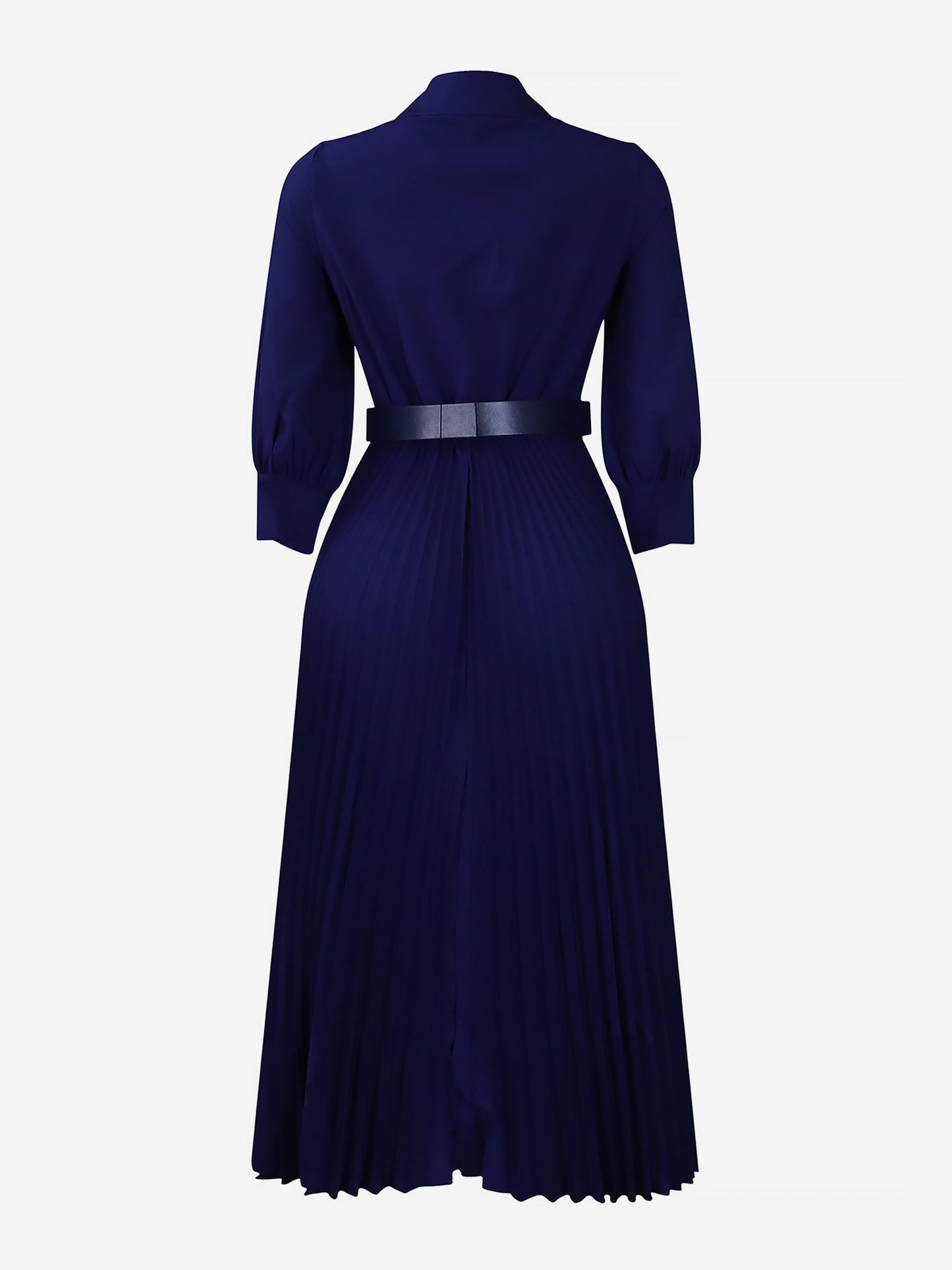 Elegant Solid Color Shirt Tailored Collar Pleated Belted Midi Dress