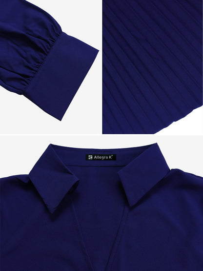 Elegant Solid Color Shirt Tailored Collar Pleated Belted Midi Dress