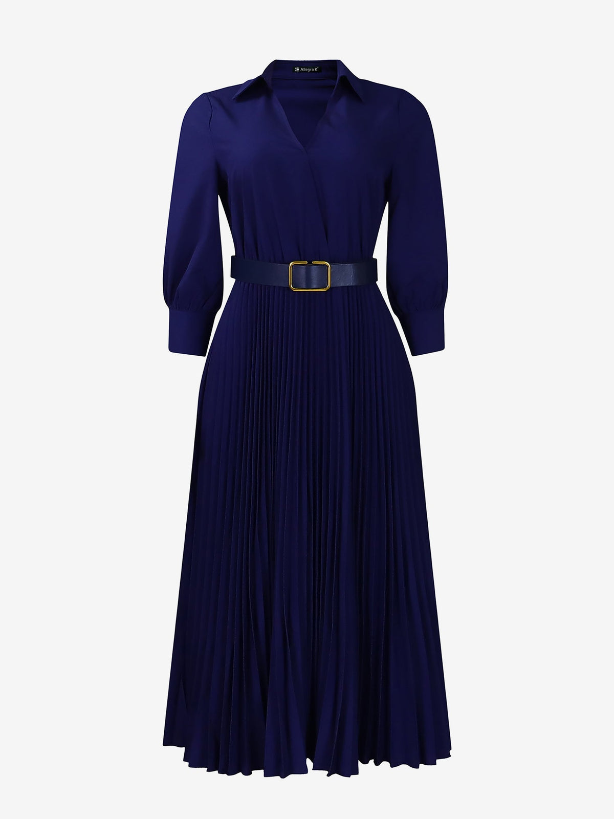 Elegant Solid Color Shirt Tailored Collar Pleated Belted Midi Dress