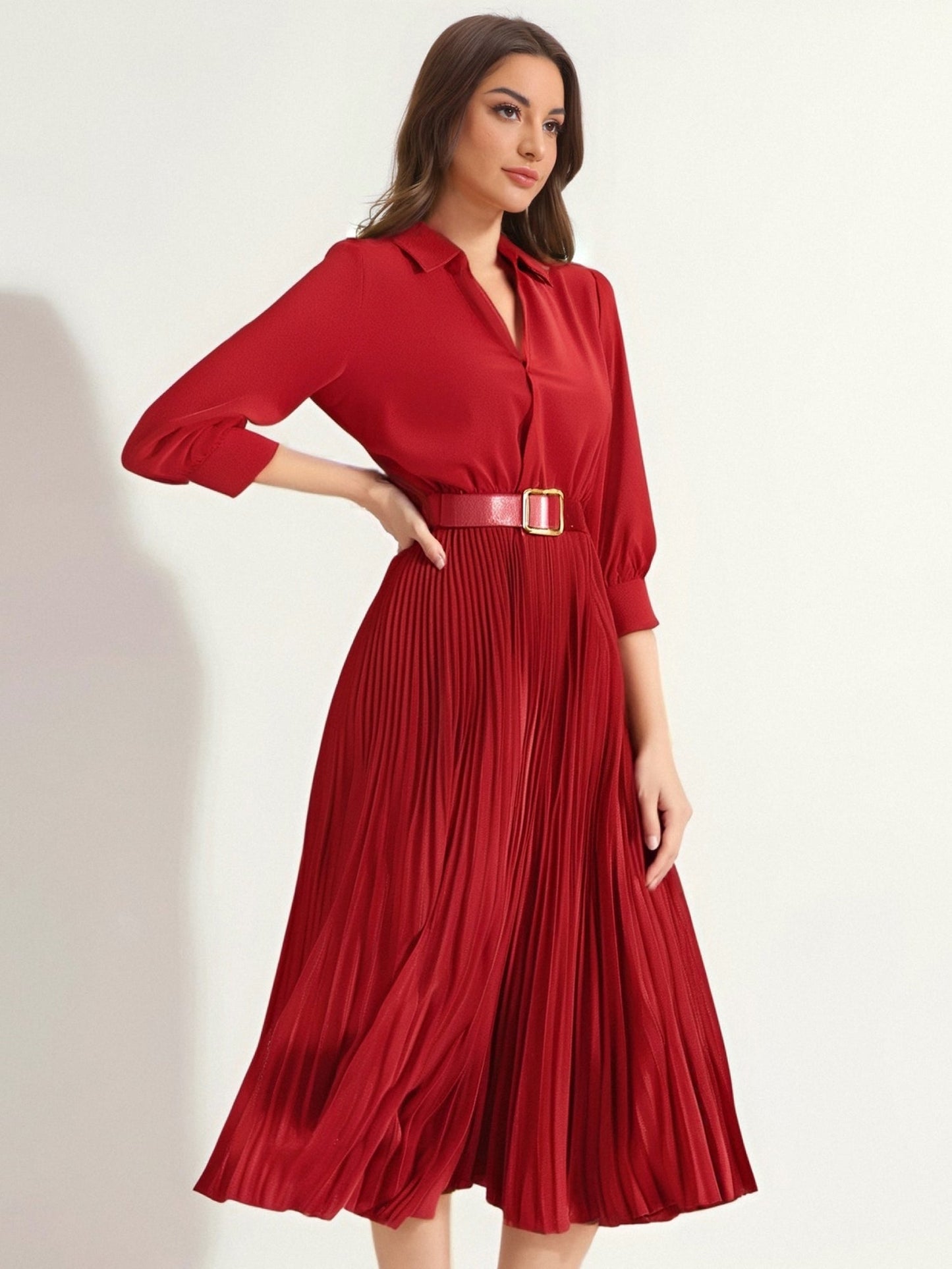 Elegant Solid Color Shirt Tailored Collar Pleated Belted Midi Dress