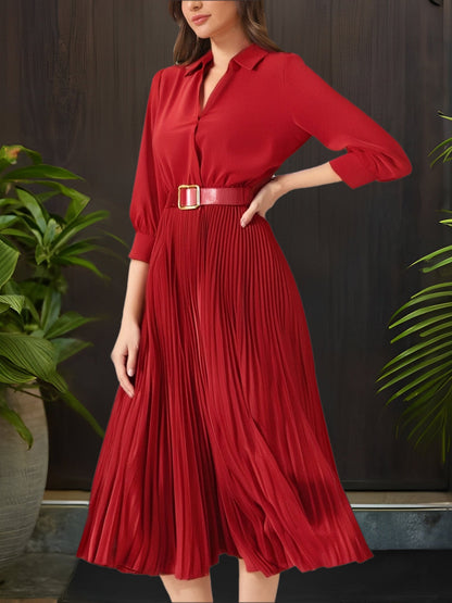 Elegant Solid Color Shirt Tailored Collar Pleated Belted Midi Dress