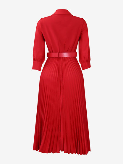 Elegant Solid Color Shirt Tailored Collar Pleated Belted Midi Dress