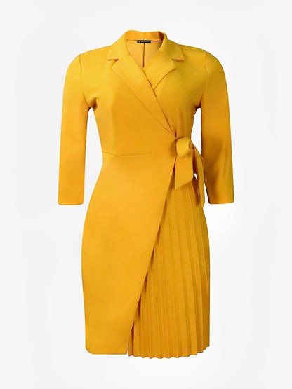 Tailored Pleats & Cinched Waist Notched Lapel Tie Waist Pleated Office Chic Blazer Dress