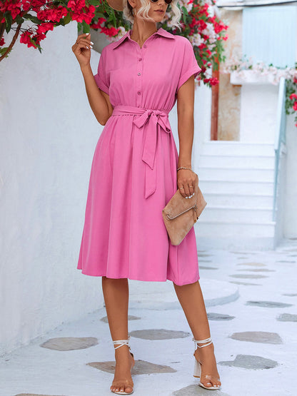 Tailored Collar & Adjustable Waist Solid Color Short Sleeves Lace-Up Midi Shirt Office Dress