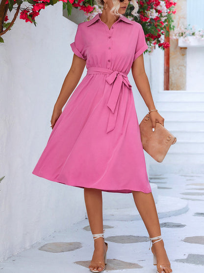 Tailored Collar & Adjustable Waist Solid Color Short Sleeves Lace-Up Midi Shirt Office Dress