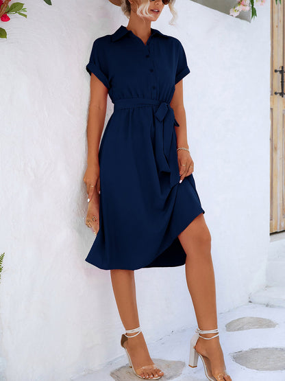 Tailored Collar & Adjustable Waist Solid Color Short Sleeves Lace-Up Midi Shirt Office Dress