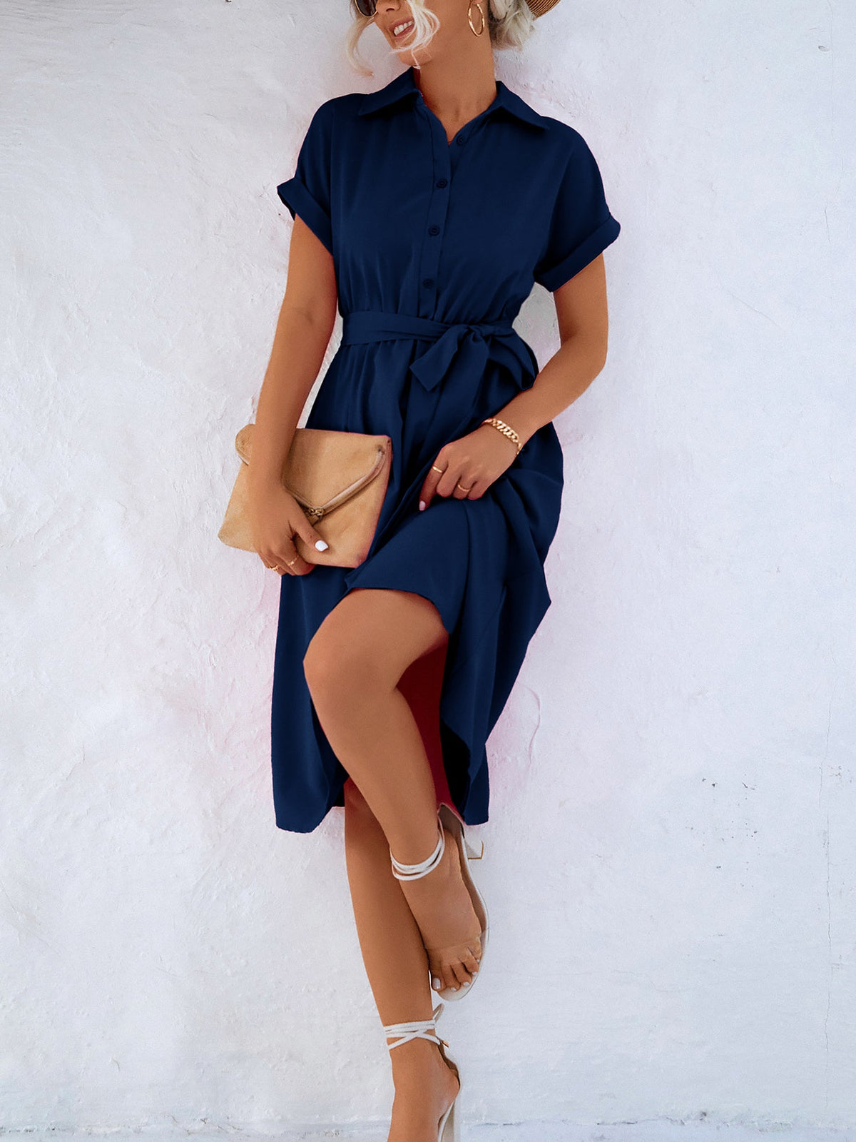 Tailored Collar & Adjustable Waist Solid Color Short Sleeves Lace-Up Midi Shirt Office Dress