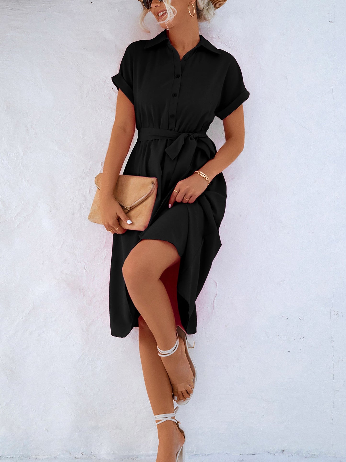Tailored Collar & Adjustable Waist Solid Color Short Sleeves Lace-Up Midi Shirt Office Dress