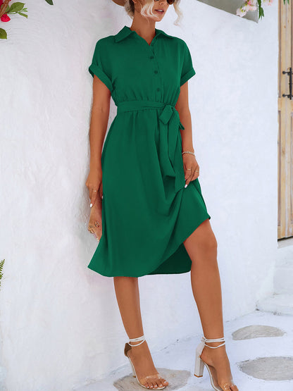 Tailored Collar & Adjustable Waist Solid Color Short Sleeves Lace-Up Midi Shirt Office Dress