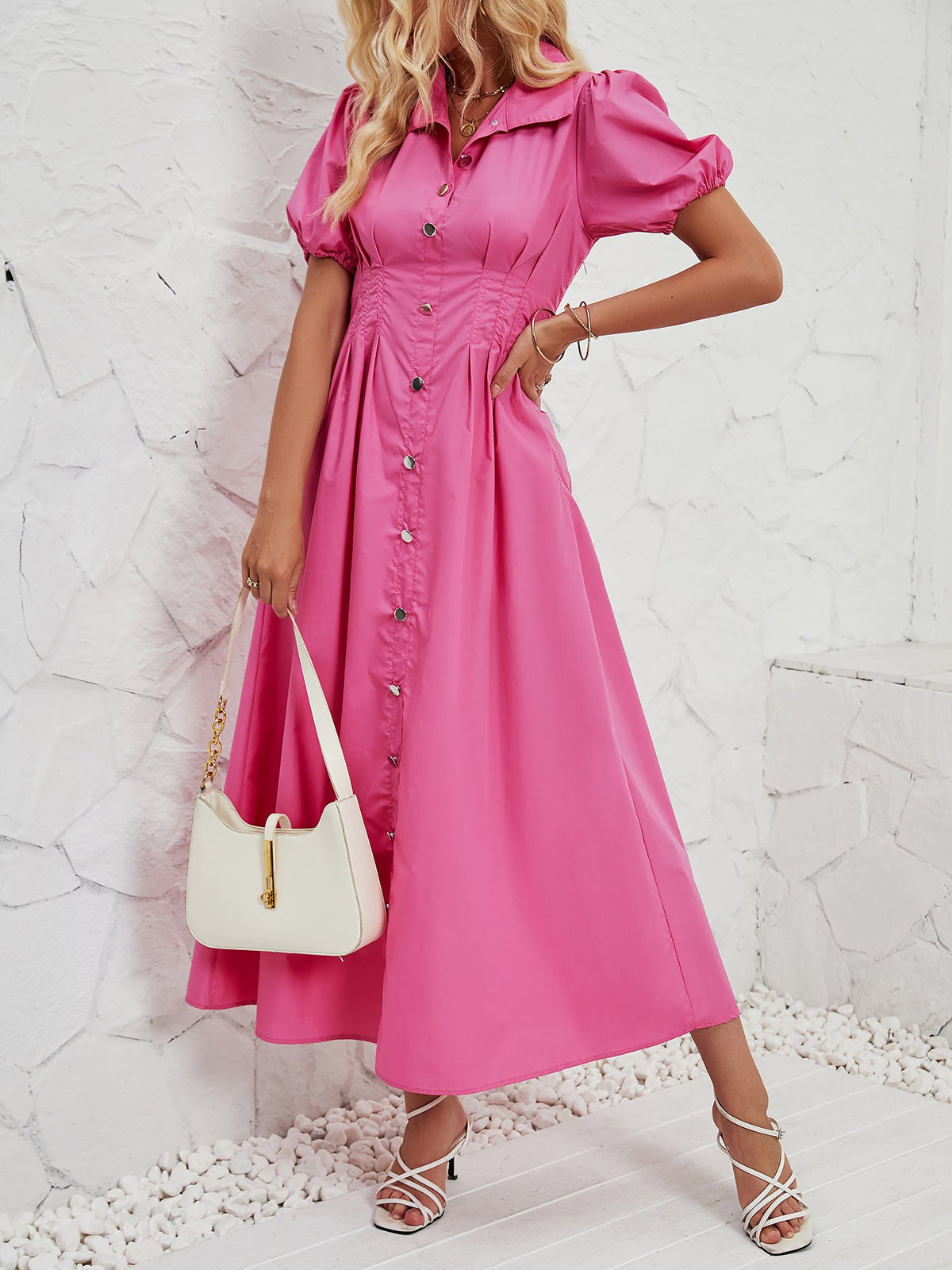 Puff Sleeve Button Down Solid Color Shirt Dress