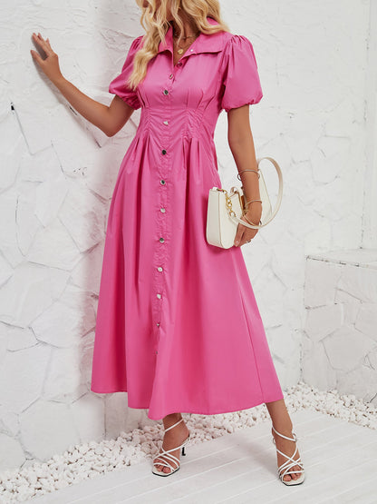 Puff Sleeve Button Down Solid Color Shirt Dress