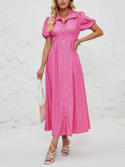 Puff Sleeve Button Down Solid Color Shirt Dress