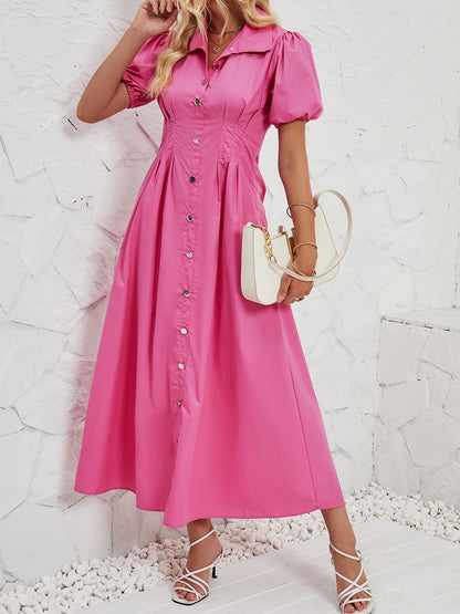 Puff Sleeve Button Down Solid Color Shirt Dress