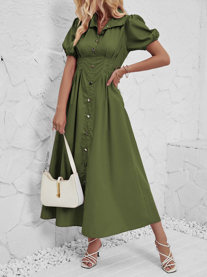 Puff Sleeve Button Down Solid Color Shirt Dress